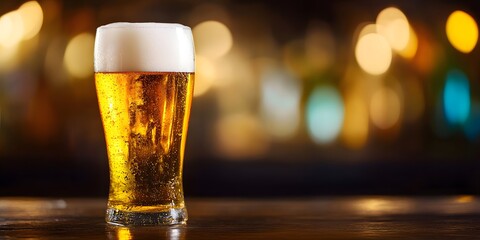 Close up of a foamy golden colored beer in a glass sitting on a dark wooden pub or bar counter  The beer has a frothy head and the background is blurred creating a cozy and celebratory atmosphere