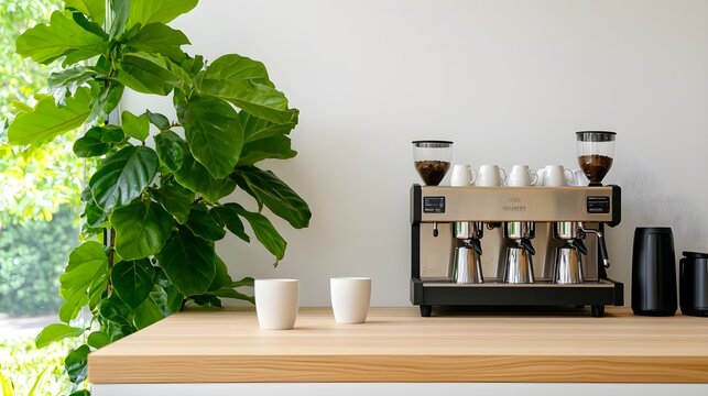 A stylish coffee station featuring a high-end espresso machine sits on a light wooden counter.