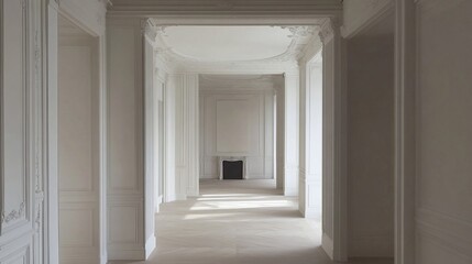 Long white hallway with classical architecture, sunlight streaming in.
