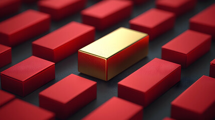 Obraz premium Gold block stands out among red blocks, illustrating uniqueness, leadership, or success, in a dark background, perfect for business presentations.