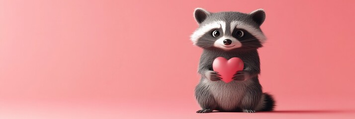Fototapeta premium Cute cartoon raccoon holding a heart on pink background.