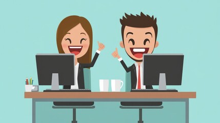 Fototapeta premium Happy work of men and women, win-win cooperation, disputes over work