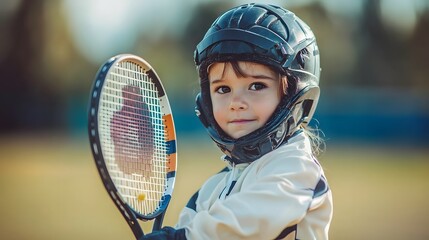 Focused and Determined Young Tennis Player Holding Racket Ready to Serve on Outdoor Sports Court with Enthusiasm and Passion for the Game