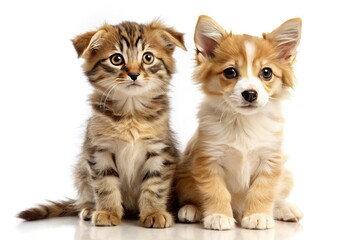 Obraz premium Sepia-toned vintage photo: adorable kitten and puppy cuddle, a classic retro pet portrait against a white background.