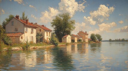 Obraz premium Riverfront houses, tranquil water, sunny sky.