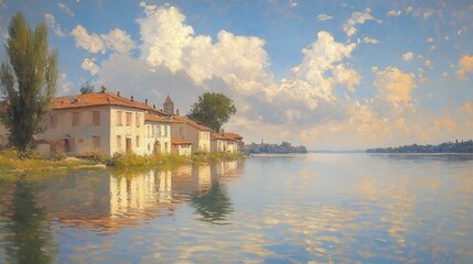 Fototapeta premium Serene riverside village, reflected in calm water.