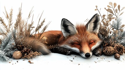 Obraz premium Sleeping red fox nestled amongst winter foliage and pine cones on white background.