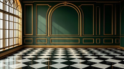 Elegant green and gold interior room with checkered floor and large window.