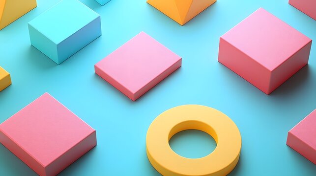 Vibrant Geometric 3D Shapes in Clean Minimal Composition  Abstract modern background with sharp contrasting colorful isometric cubes rectangles and circles arranged in symmetrical pattern