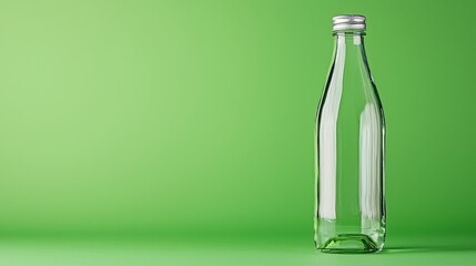 Fototapeta premium Empty Glass Bottle Isolated on Bright Green Background for Mockup Design
