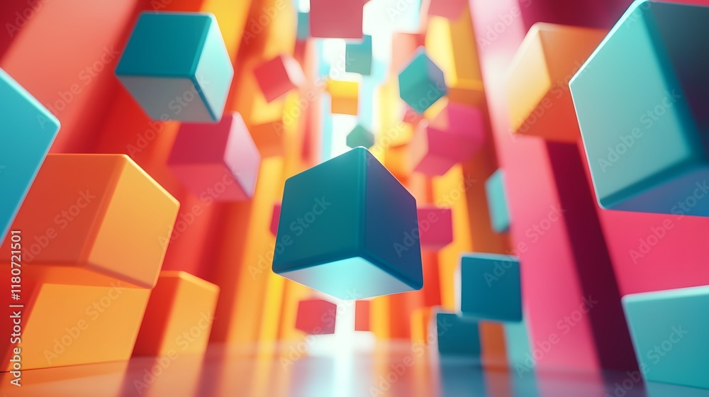 Poster vibrant 3d cubes floating in dynamic color schemes creating an abstract modern and visually striking