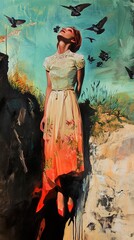 Fototapeta premium Woman in Red Dress, Birds, Cliff, Summer Sunset