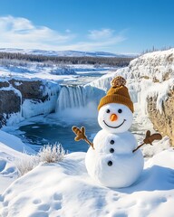 Obraz premium Panoramic view of happy snowman in winter, Panoramic View of a Joyful Snowman Surrounded by Winter Wonderland with Majestic Waterfall in Background, Capturing the Essence of a Beautiful Snowy Day