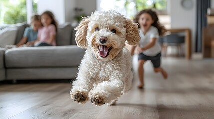 Obraz na płótnie Canvas Adorable poodle dog running and playing excitedly as happy children chase after it in a cozy and lively living room setting The energetic
