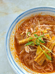Famous local food from Sarawak. Laksa Sarawak is one of popular menu in Malaysia. Served with prawns and fried egg .