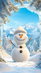 Obraz premium Panoramic view of happy snowman in winter, Happy Snowman in Winter Wonderland Framed by Snowy Trees and Mountains, Capturing the Joy of the Season in a Beautiful Panoramic View