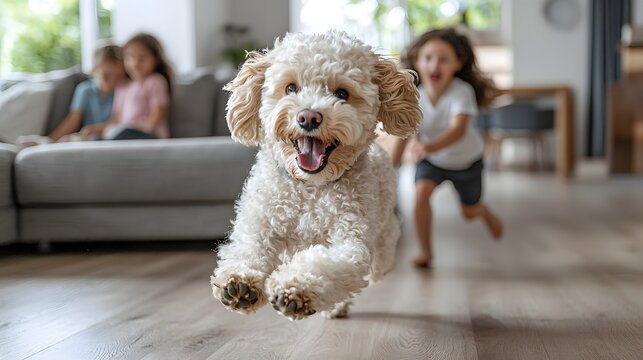 Adorable poodle dog running and playing excitedly as happy children chase after it in a cozy and lively living room setting  The energetic