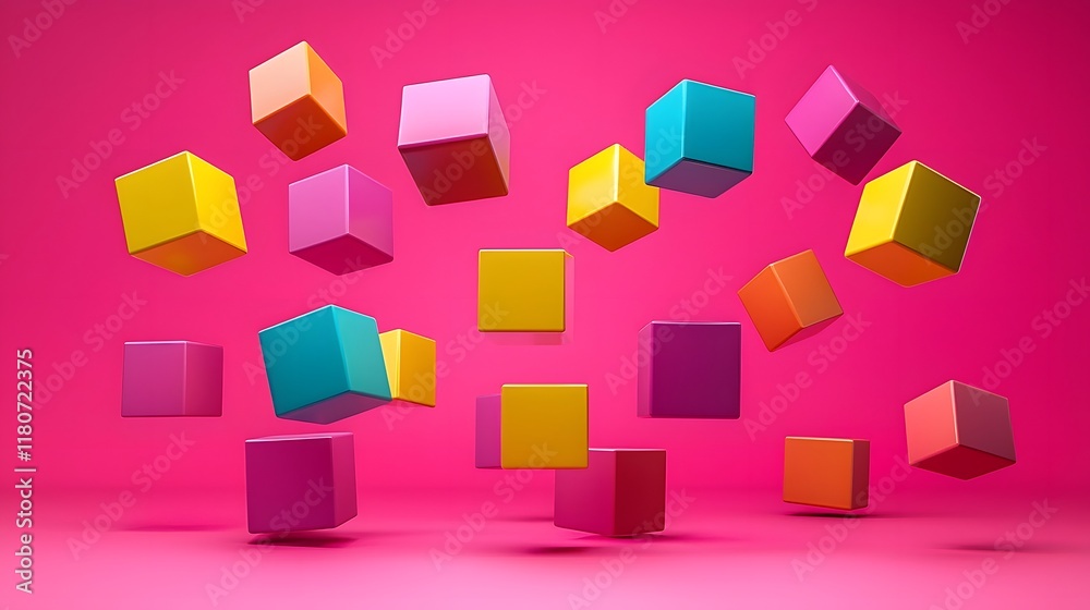 Poster a captivating abstract composition featuring a dynamic arrangement of vibrant 3d cubes floating in a