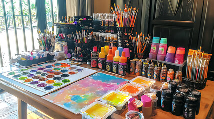 Colorful Artist s Workspace with Paints Brushes and Art Supplies