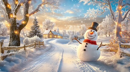 Fototapeta premium Panoramic view of happy snowman in winter, Beautiful Panoramic Winter View Featuring a Happy Snowman Amidst Snow-Covered Trees and a Cozy Cabin in a Serene Frosty Landscape with Soft Lighting