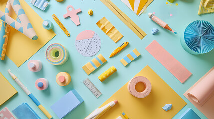 Pastel Stationery Craft Supplies Flatlay Yellow Blue Pink Design Elements Geometric Shapes Office