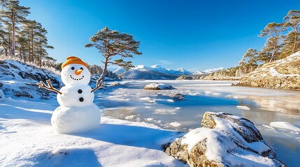 Obraz premium Panoramic view of happy snowman in winter, Panoramic View of a Happy Snowman Standing in a Winter Landscape with a Frozen Lake and Majestic Mountains Under a Clear Blue Sky