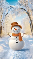Panoramic view of happy snowman in winter, Joyful Snowman Standing in Winter Wonderland with Snow-Covered Trees and Clear Blue Sky, Eliciting Happy Feelings in a Panoramic View of Nature's Beauty