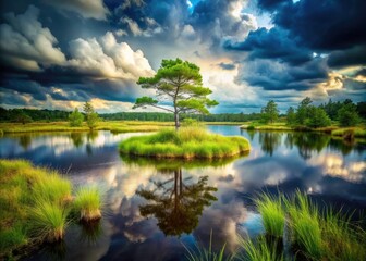 Obraz premium Mysterious Swamp Forest Island Portrait Photography: Peaceful Water, Young Tree, Green Herbs, Heavy Clouds