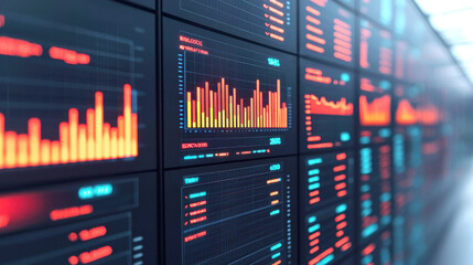 A digital display shows colorful data visualizations, including bar graphs and charts, representing analytical information and metrics.