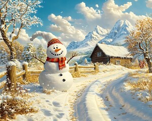 Obraz premium Panoramic view of happy snowman in winter, Charming Panoramic View of a Joyful Snowman in a Winter Landscape Surrounded by Mountains and a Cozy Cottage under a Bright Blue Sky