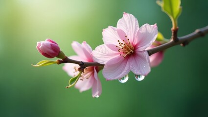 Delicate pink cherry blossoms with raindrops, symbolizing new beginnings and purity, suitable for spring festivals, weddings, or nature-themed media