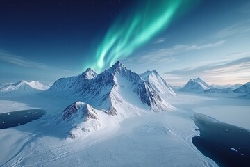 Bright green aurora borealis dances across the night sky above towering snowy mountains. The serene Arctic landscape showcases glaciers and a calm ocean, creating a breathtaking view