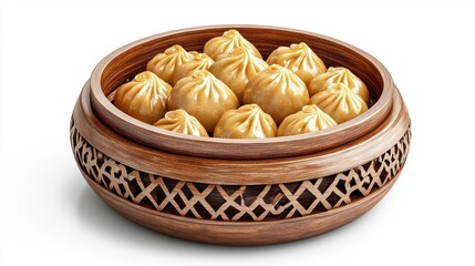 Traditional Wooden Steamer Filled with Delicious Dumplings on Display