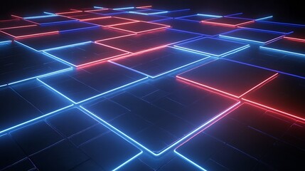 Abstract Neon Squares Illuminated In Red And Blue