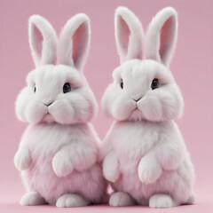 A cluster of 3D rabbits with pastel-colored fur sitting together on a plain pink background, ultra-detailed fur.