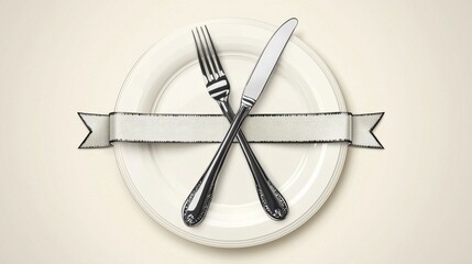 A minimalist plate design featuring a fork and knife crossed, accompanied by a decorative ribbon.