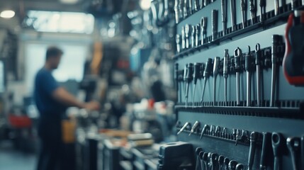 Obraz premium Mechanic's workshop with tools on wall and blurred technician.