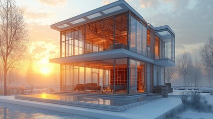 Obraz premium Modern Glass House with Scenic Sunset and Snowy Landscape