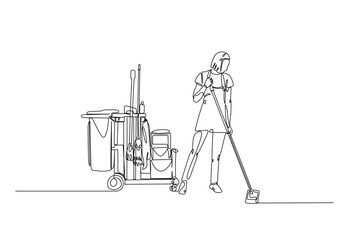 Janitor with cleaning service equipment in continuous one line drawing. Single line art illustration of cleaning service worker. Editable vector.