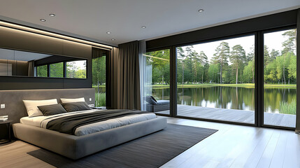 Serene Lakeside Bedroom 3D Render
