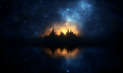 Mystical silhouette of a city at night, reflected in a calm lake under a breathtaking starry sky, evoking fantasy and wonder.