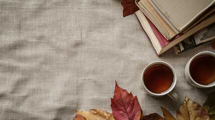 Cozy Autumn Still Life Tea Books and Fall Leaves on Linen