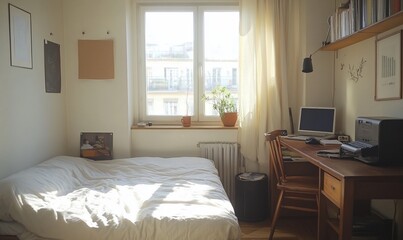 Sunny Parisian bedroom, workspace, sunlight