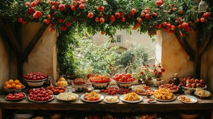 Abundant Display of Fresh Fruits and Delicacies on Rustic Wooden Table Under Lush Greenery in Vintage Kitchen Setting Evoking a Warm Harvest Atmosphere