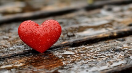 Fototapeta premium Red heart with water drops on wet wooden surface.
