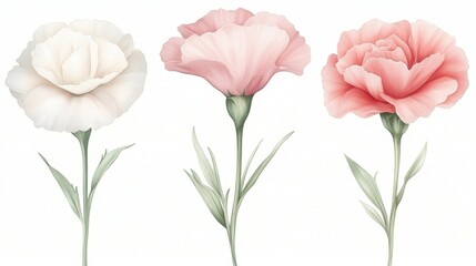 Three flowers are shown in a row, with the middle one being the tallest