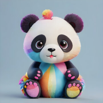 A 3D panda with bright rainbow patches on its fur sitting on a plain light blue background, highly detailed.