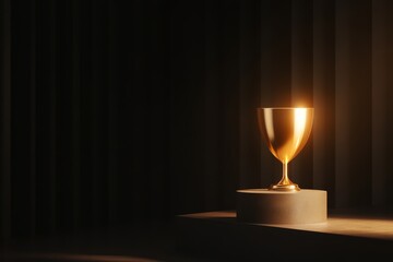 A golden chalice glimmers in soft light, resting on a pedestal against a dark backdrop, creating a dramatic and elegant atmosphere.