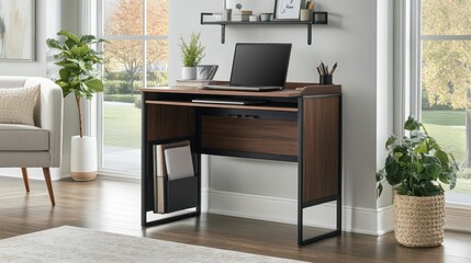 Compact home office setup, laptop desk, plants, and practical organization,
