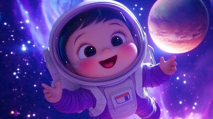 Joyful baby astronaut floats in space, planets visible.